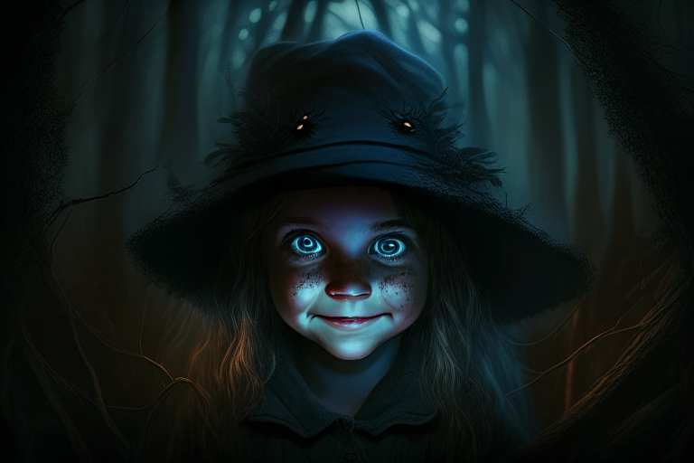 a little girl with a hat in a dark forest with glowing eyes and a creepy smile