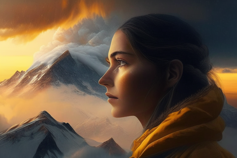 Una cara de mujer realista mirando al horizonte a través de un marco blanco y una montaña nevada al amanecer dorado con nubes de tormenta