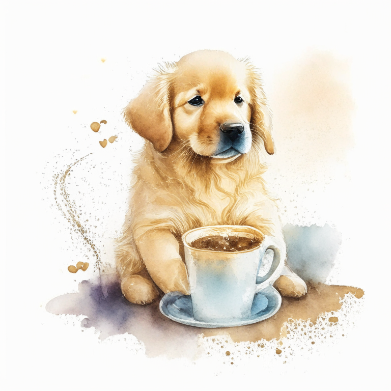 a golden retriever puppy drinking a latte with heart-shaped art, in a watercolor style
