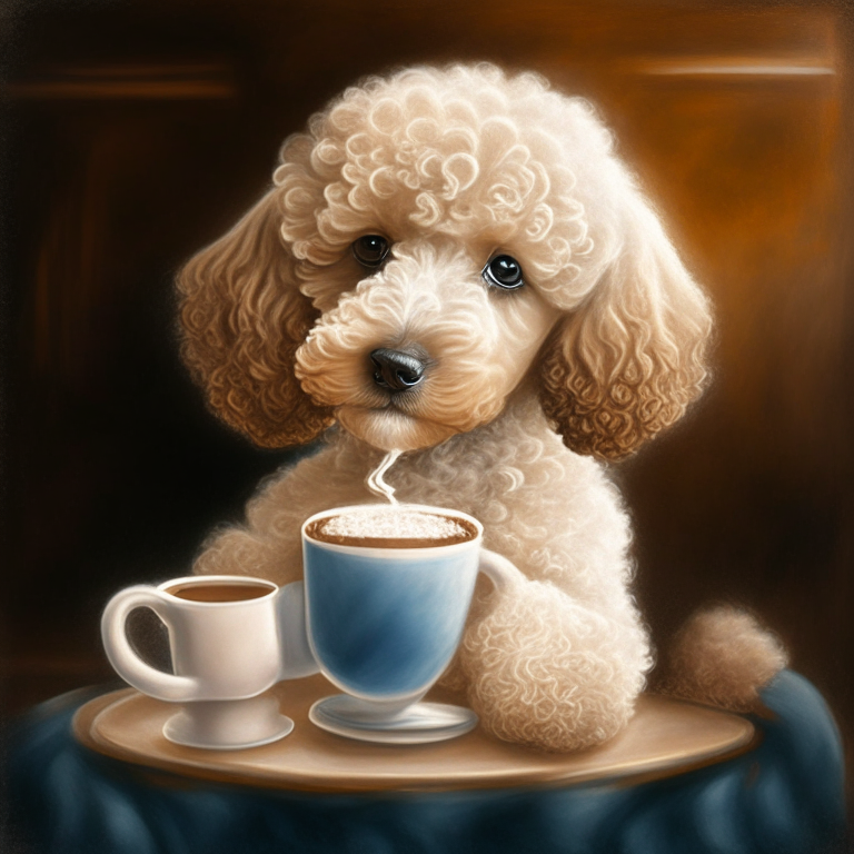 a poodle puppy drinking a latte with heart-shaped art, in an oil painting style