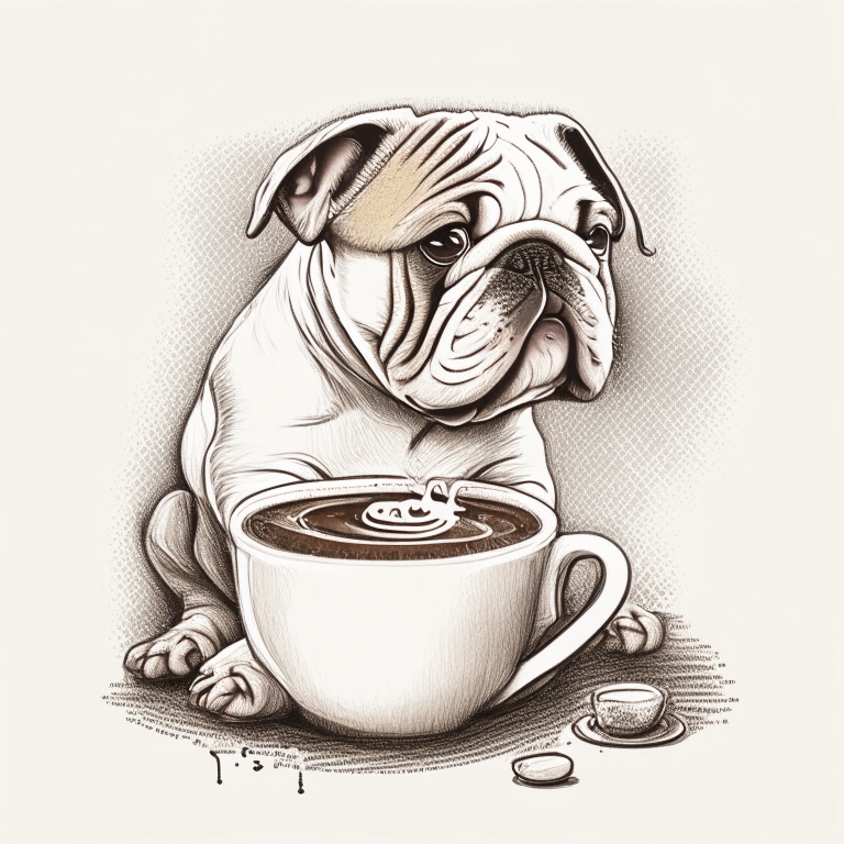 a bulldog puppy drinking a latte with heart-shaped art, in a sketch style