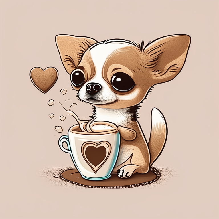 a chihuahua puppy drinking a latte with heart-shaped art, in a cartoon style