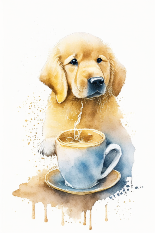 a golden retriever puppy drinking a latte with heart-shaped art, watercolor painting