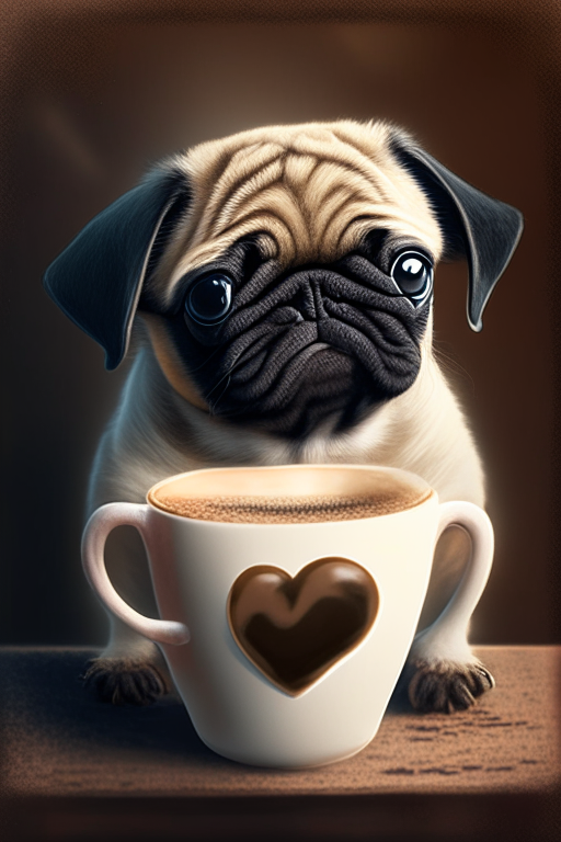 a pug puppy drinking a latte with heart-shaped art, digital art