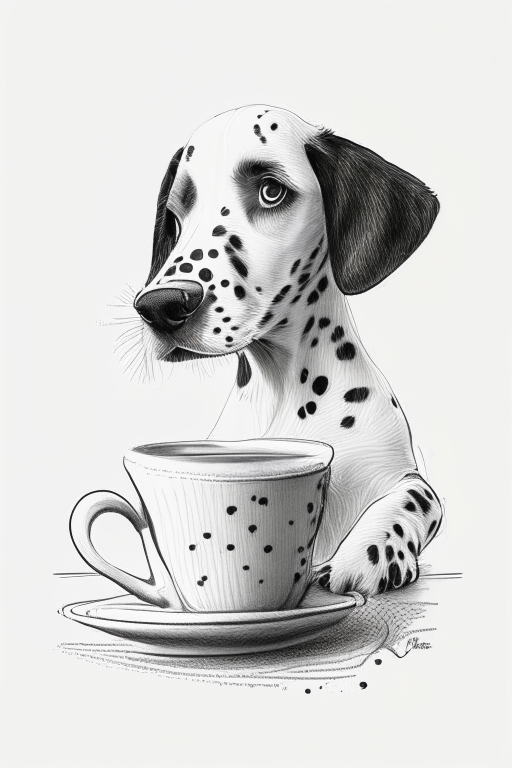 a dalmatian puppy drinking a latte with heart-shaped art, sketch