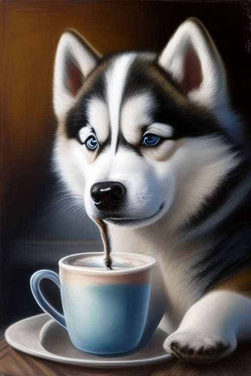 a husky puppy drinking a latte with heart-shaped art, realistic oil painting