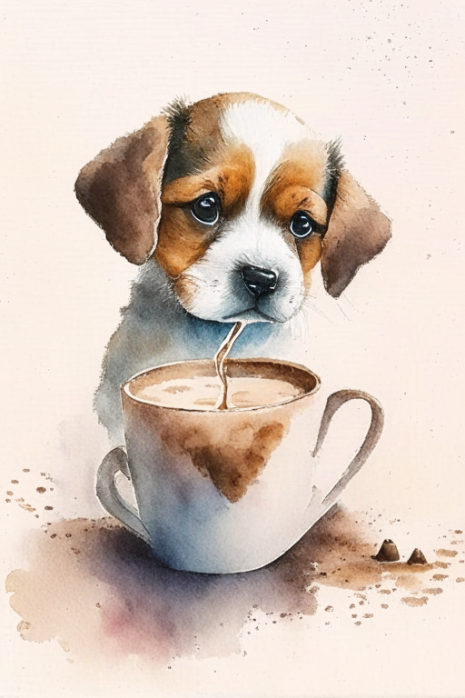 a watercolor painting of a puppy drinking a latte with heart-shaped art