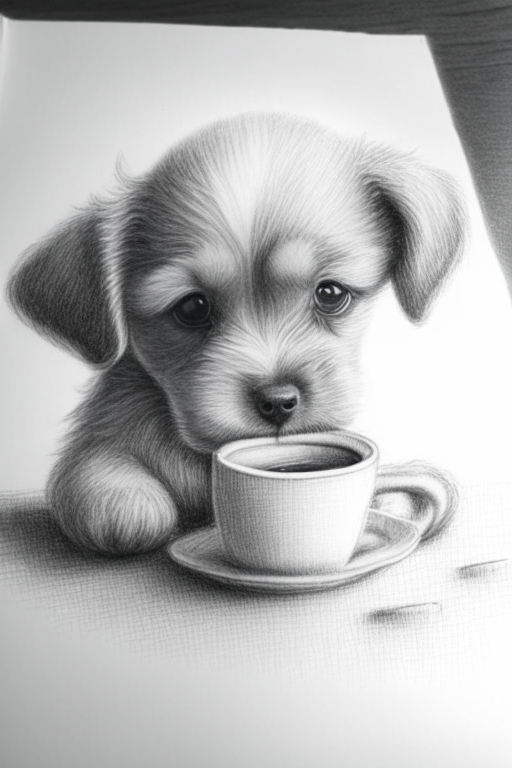 a pencil sketch of a puppy drinking a latte with heart-shaped art