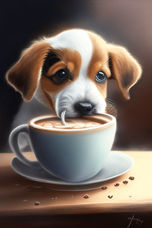 a digital painting of a puppy drinking a latte with heart-shaped art