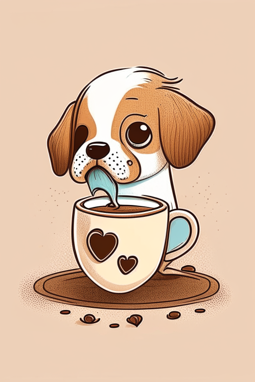 a cartoon drawing of a puppy drinking a latte with heart-shaped art