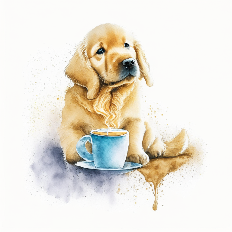 a golden retriever puppy drinking a latte with heart-shaped art, in a watercolor style