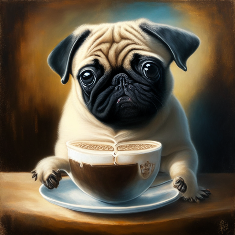 a pug puppy drinking a latte with heart-shaped art, in an oil painting style