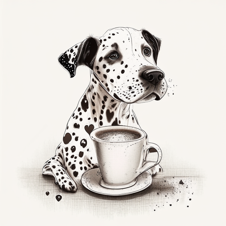 a dalmatian puppy drinking a latte with heart-shaped art, in a sketch style
