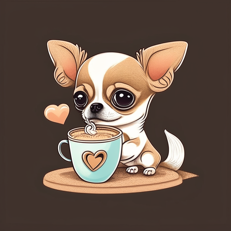a chihuahua puppy drinking a latte with heart-shaped art, in a cartoon style