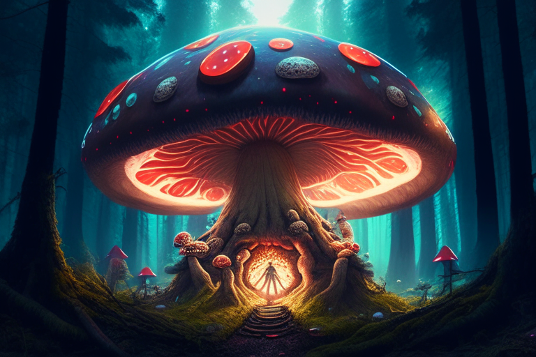 a giant toadstool with six arms is going through the forest and collecting magic mushrooms