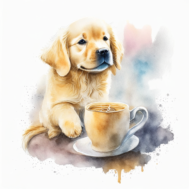 a Golden Retriever puppy drinking a latte with heart-shaped art, in a watercolor painting style