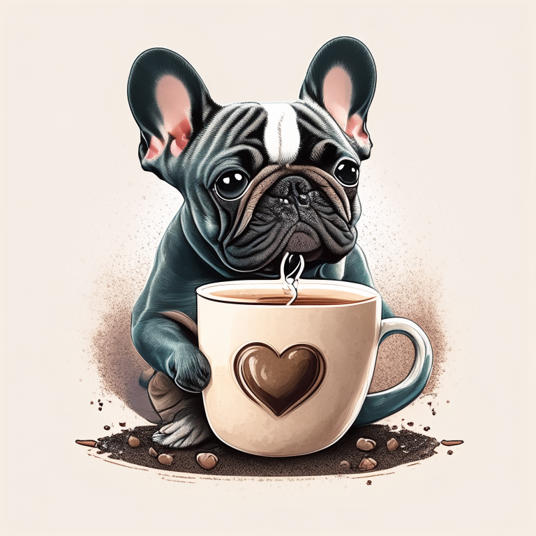 a French Bulldog puppy drinking a latte with heart-shaped art, in a digital illustration style