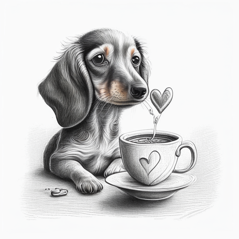 a Dachshund puppy drinking a latte with heart-shaped art, in a pencil sketch style