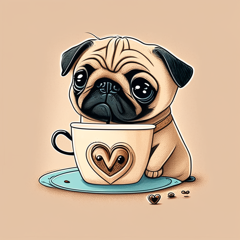 a Pug puppy drinking a latte with heart-shaped art, in a cartoon drawing style