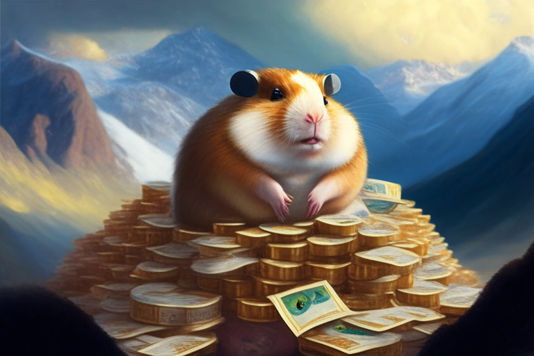 a realistic oil painting of a hamster king of the world surrounded by mountains of money