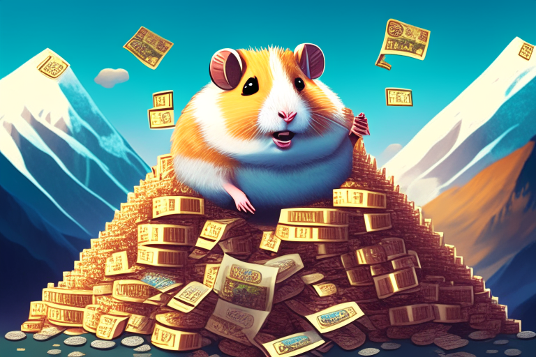 a digital illustration of a hamster king of the world surrounded by mountains of money in a modern style