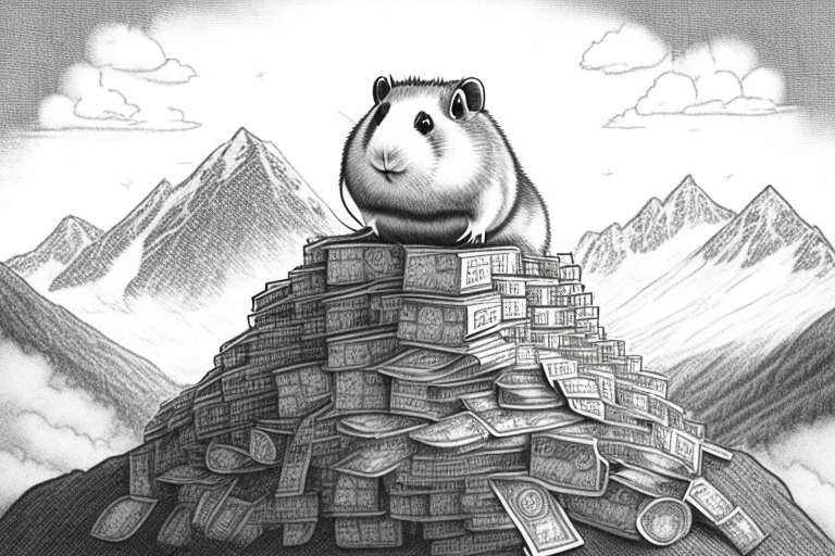 a pencil sketch of a hamster king of the world surrounded by mountains of money in a classic style