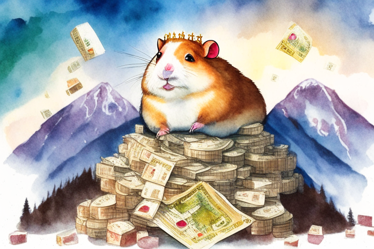 a watercolor painting of a hamster king of the world surrounded by mountains of money in a whimsical style