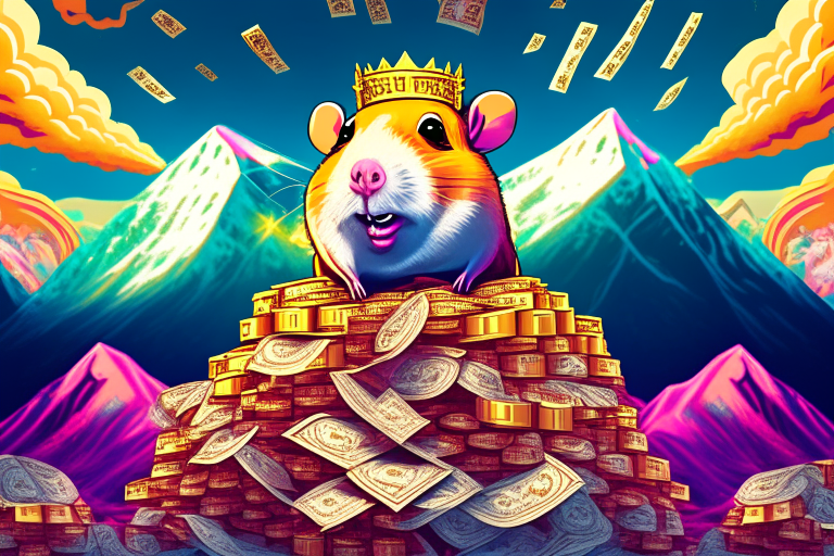 a digital illustration of a hamster king of the world surrounded by mountains of money in a psychedelic style