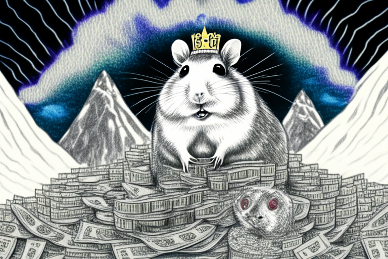 a pencil sketch of a hamster king of the world surrounded by mountains of money in a psychedelic style