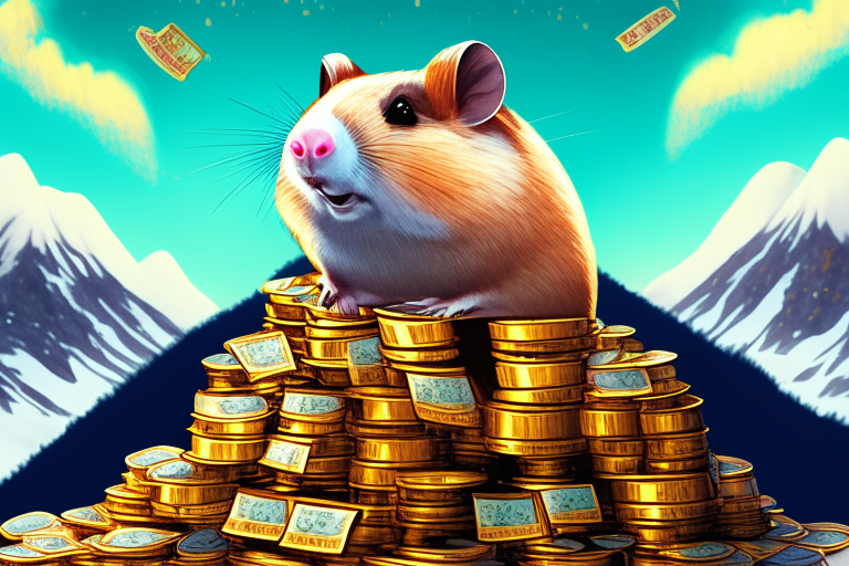 a mixed media image of a hamster king of the world surrounded by mountains of money in a psychedelic style