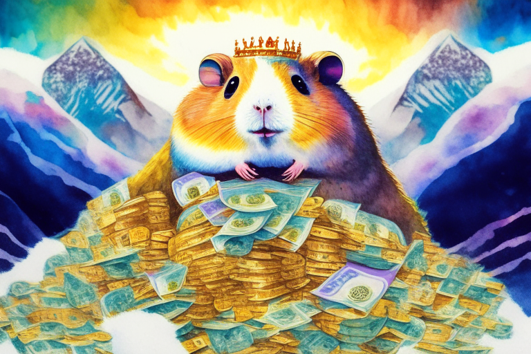 a watercolor painting of a hamster king of the world surrounded by mountains of money in a psychedelic style