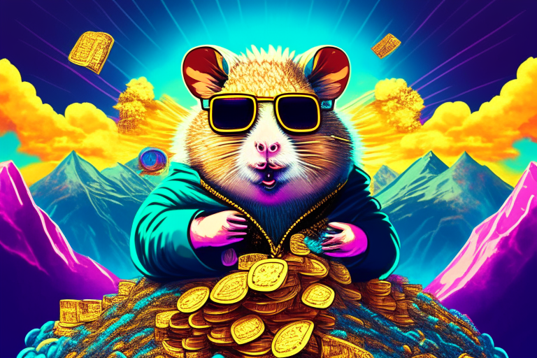a digital illustration of a hamster godfather king of the world surrounded by mountains of money, wearing sunglasses and smoking in a psychedelic style