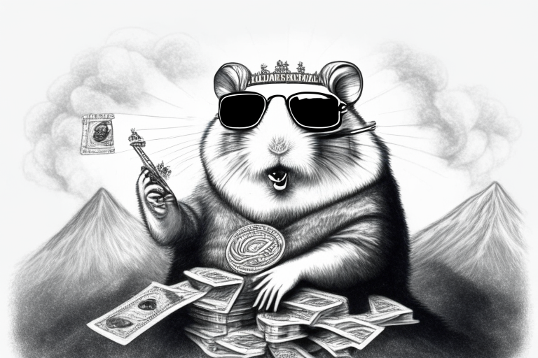 a pencil sketch of a hamster godfather king of the world surrounded by mountains of money, wearing sunglasses and smoking in a psychedelic style