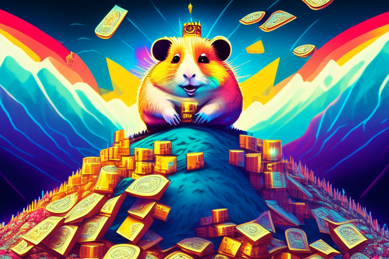 a digital illustration of a hamster king of the world surrounded by mountains of money in a psychedelic style with a modern twist