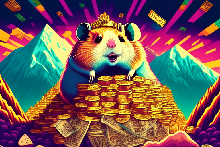 a digital illustration of a hamster king of the world surrounded by mountains of money in a psychedelic style with a vintage twist