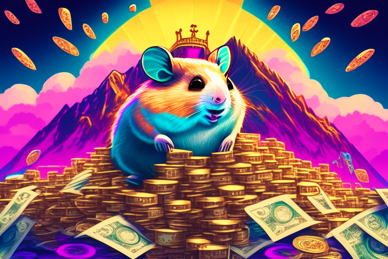 a digital illustration of a hamster king of the world surrounded by mountains of money in a psychedelic style with a futuristic twist