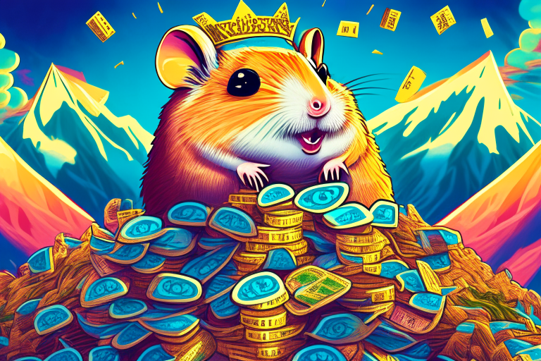 a digital illustration of a hamster king of the world surrounded by mountains of money in a psychedelic style with a classic twist