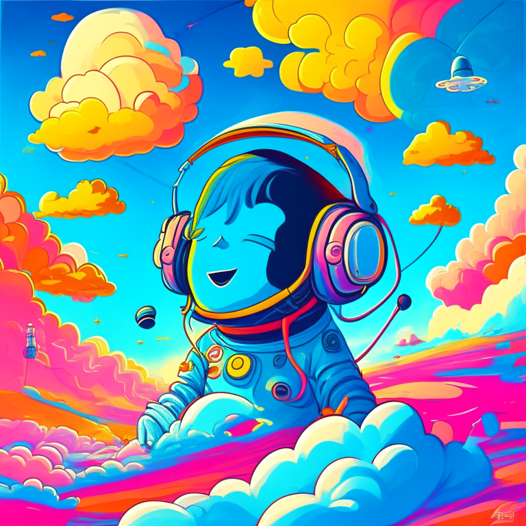 a cute rapee gangster astronaut listening to music with headphones, with a bright and cheery color scheme, featuring a mix of pastel blues, reds, and yellows, standing surrounded by a swirl of energy. The background is a colorful cartoon landscape, with fluffy clouds on a clear blue sky. The background is a dense, chaotic landscape, with a futuristic cityscape visible in the distance. The style is a mix of atey ghailan, eduard hopper, greg tocchini, james gilleard, and grunge aesthetic graffiti