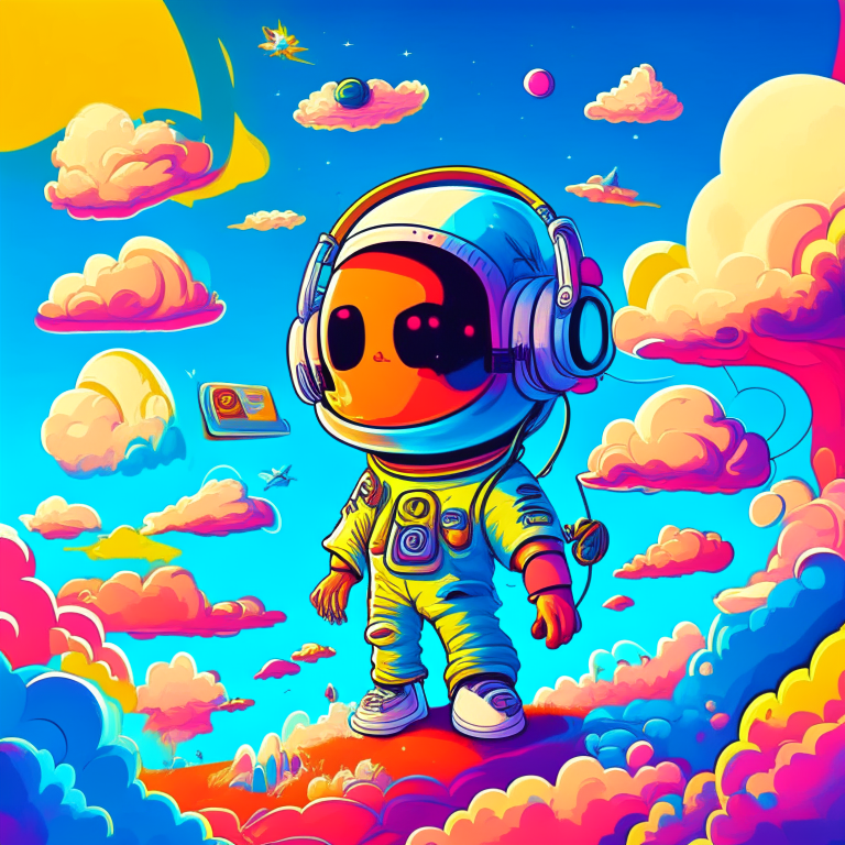 a cute rapee gangster astronaut listening to music with headphones, with a bright and cheery color scheme, featuring a mix of pastel blues, reds, and yellows, standing surrounded by a swirl of energy. The background is a colorful cartoon landscape, with fluffy clouds on a clear blue sky. The background is a dense, chaotic landscape, with a futuristic cityscape visible in the distance. The style is a mix of atey ghailan, eduard hopper, greg tocchini, james gilleard, and grunge aesthetic graffiti