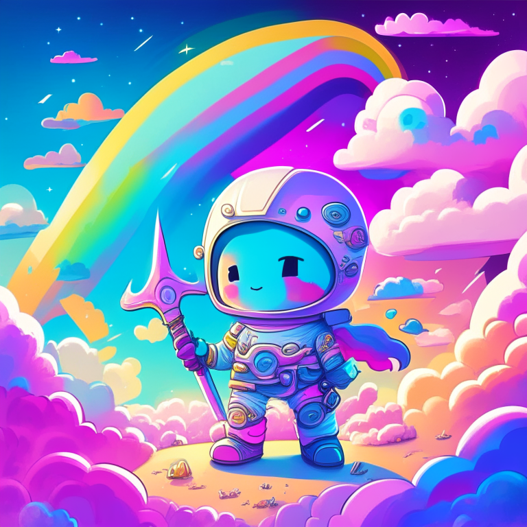 a cute little astronaut with a bright and cheerful color scheme, featuring a mix of pastel blues, pinks, and purples, standing with his arms folded holding a toy sword, surrounded by a swirl of energy. The background is a colorful cartoon landscape, with fluffy clouds and a rainbow. The background is a stark, metallic landscape, with a futuristic cityscape visible in the distance. The style is a mix of atey ghailan, eduard hopper, greg tocchini, james gilleard, and grunge aesthetic graffiti