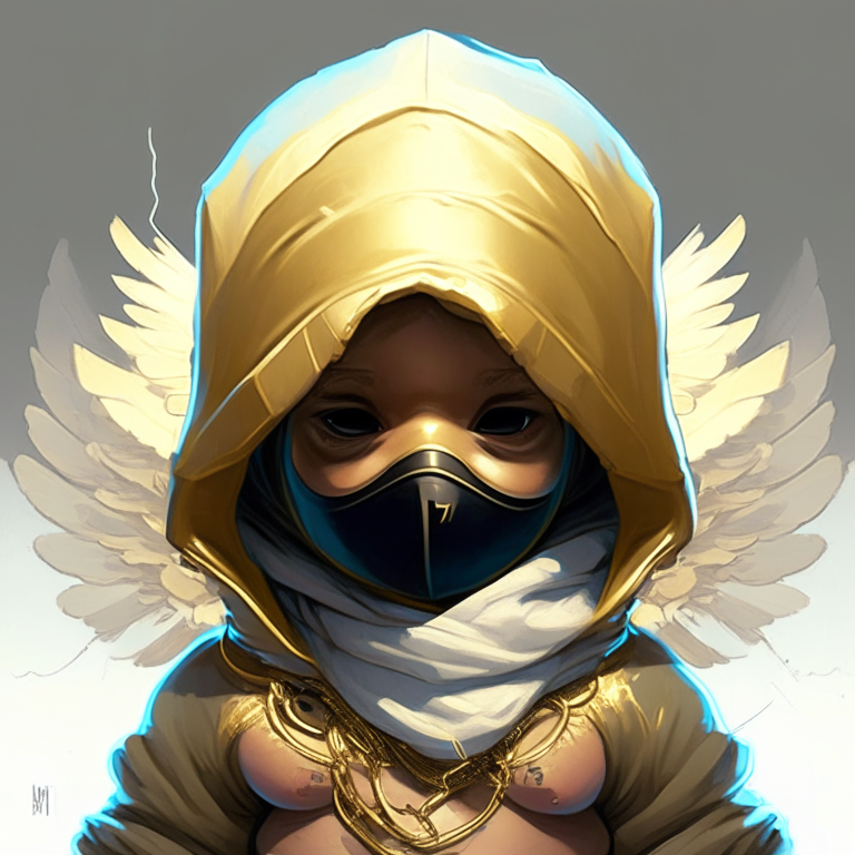 a baby Angel cherub wearing a ski mask, balaclava, covered face, hoodie, and hip hop golden necklace. The style is a mix of fantasy art, apex fortnite Video game icon, 2d game art, and gta5 cover. The artists that will influence the style are Jesper Ejsing, RHADS, Makoto Shinkai, Lois van baarle, ilya kuvshinov, and rossdraws.