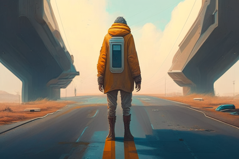 a painting of a person standing on a road, concept art by chris labrooy, cgsociety, retrofuturism, sci-fi, concept art, futuristic