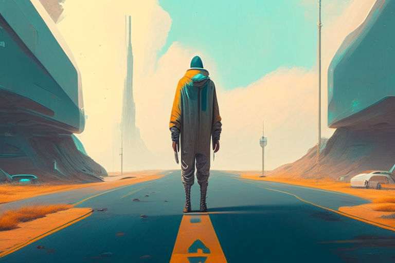 a painting of a person standing on a road, concept art by chris labrooy, cgsociety, retrofuturism, sci-fi, concept art, futuristic