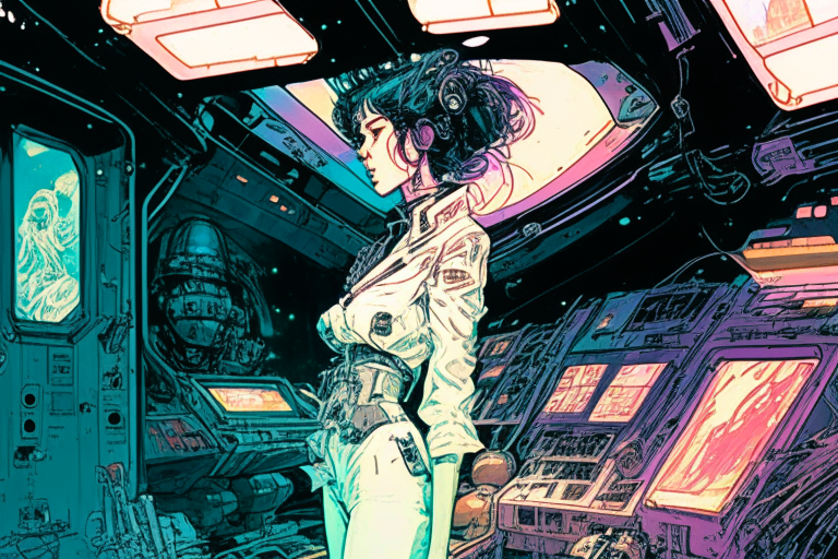 a cluttered starship interior with a fashionable officer giving the ship its annual inspection, in a vintage 90's anime style, by Kaethe Butcher, Hajime Sorayama, Greg Tocchini, Virgil Finlay, sci-fi, colors, neon lights