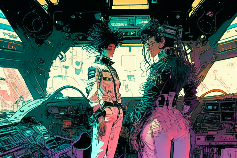 a cluttered starship interior with a fashionable male officer giving the ship its annual inspection, in a vintage 90's anime style, by Kaethe Butcher, Hajime Sorayama, Greg Tocchini, Virgil Finlay, sci-fi, colors, neon lights