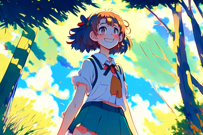 a joyful school girl standing in nature with trees in summer on the background, in a vintage 90's anime screenshot style, by Miyazaki, close-up, anime masterpiece style of Studio Ghibli, Akira Toriyama, James Gilleard, Genshin Impact, trending on Pixiv Fanbox, acrylic palette knife, 4k, vibrant colors, trending on DeviantArt, low details