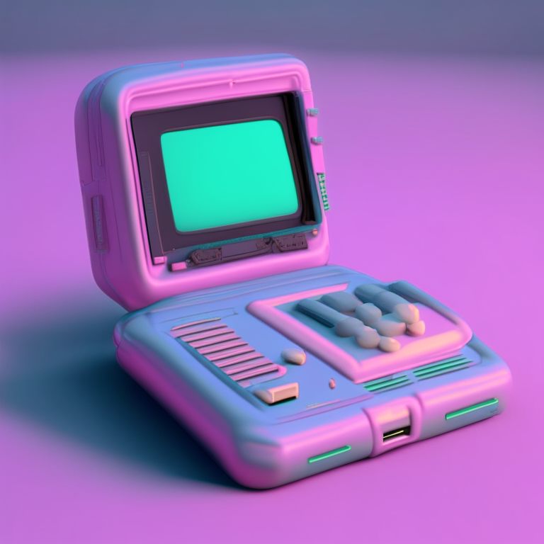 a vintage personal handheld computer device from the 1990s, in a retro mini computer style, rendered in C4D, with a vaporwave aesthetic and product photography