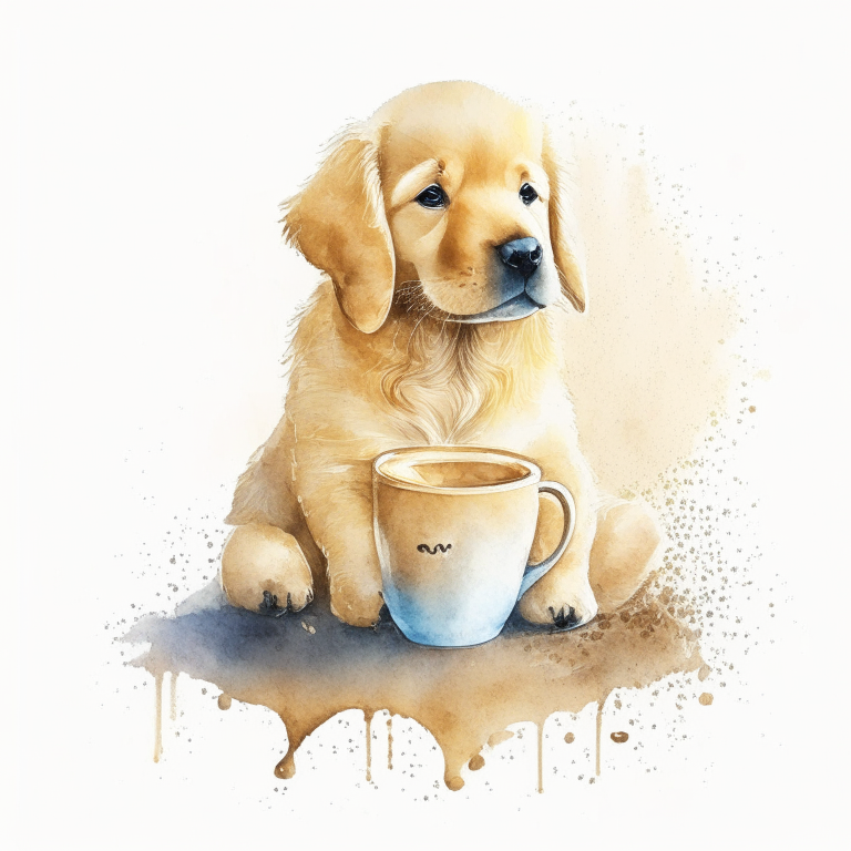 a Golden Retriever puppy drinking a latte with heart-shaped art, in a watercolor style