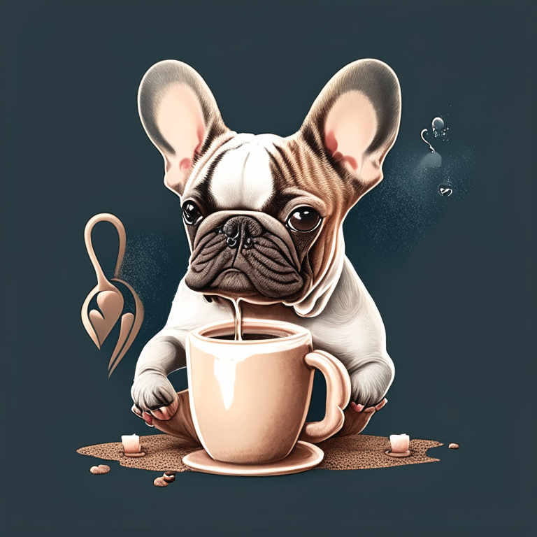 a French Bulldog puppy drinking a latte with heart-shaped art, in a digital illustration style