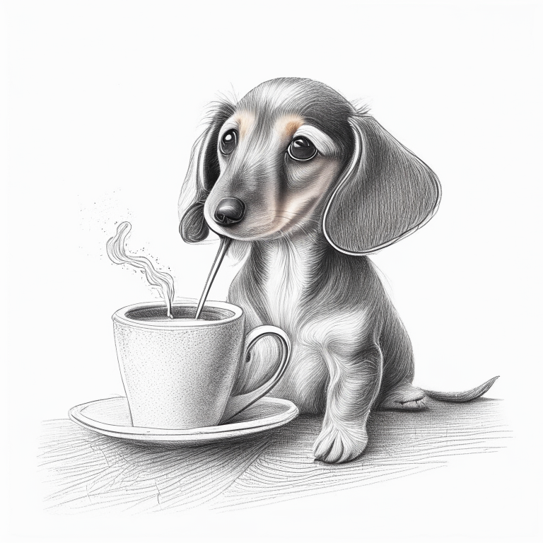 a Dachshund puppy drinking a latte with heart-shaped art, in a pencil sketch style